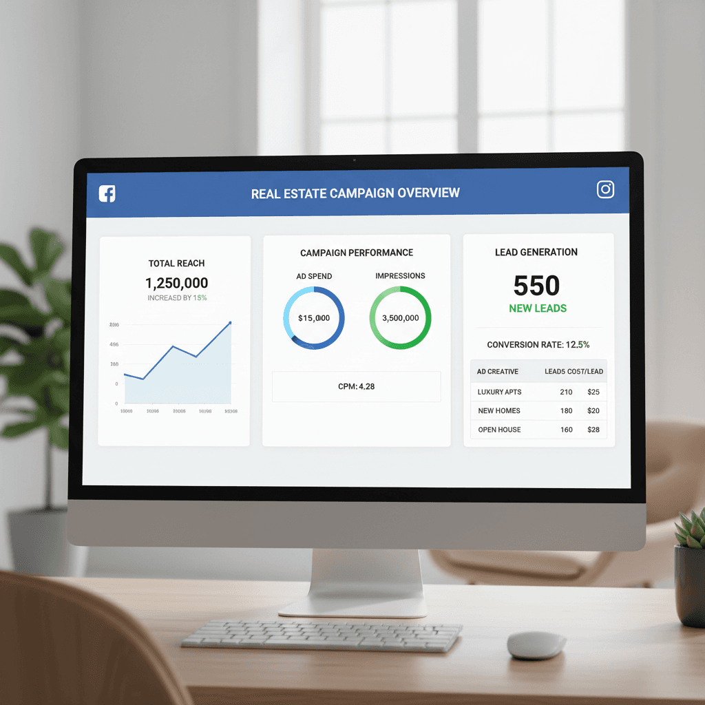 Digital marketing analytics dashboard showing social media performance, ad campaigns, and growth metrics